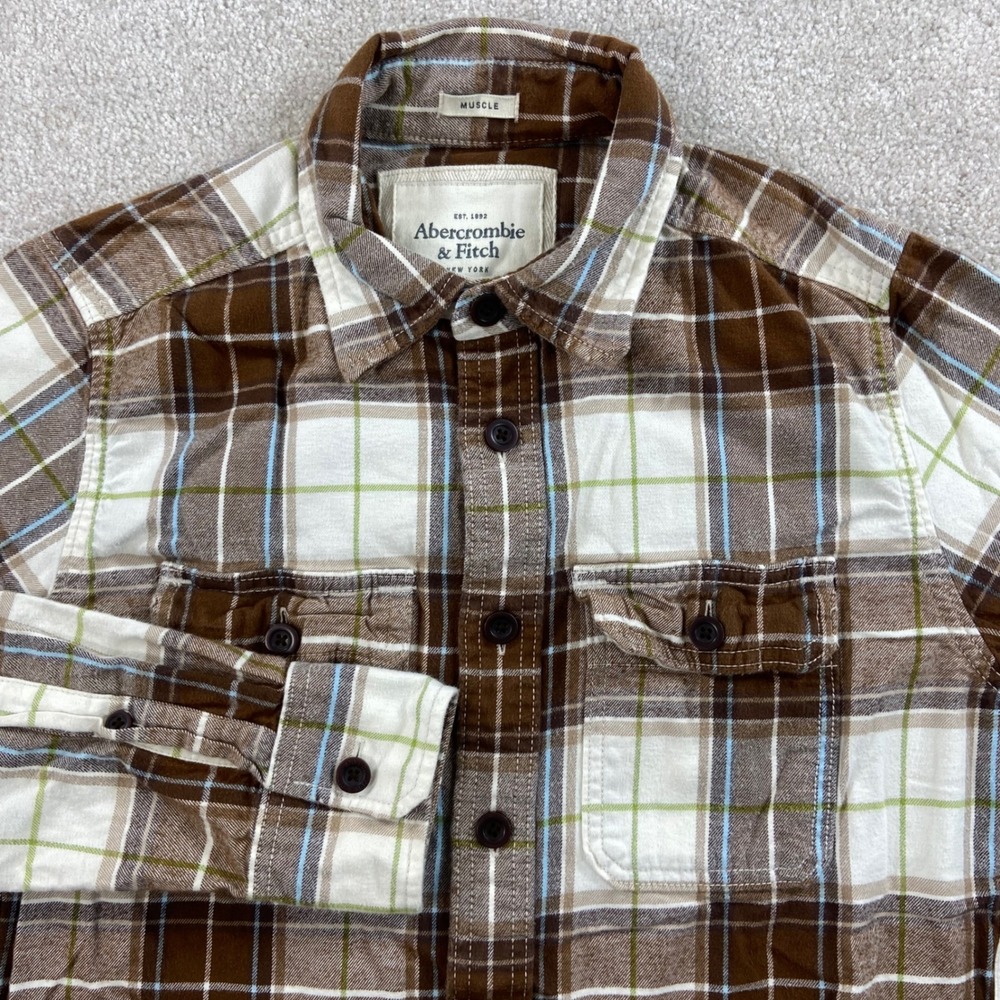 Abercrombie & Fitch Flannel Shirt Men S Brown Plaid Muscle Fit Long Sleeve